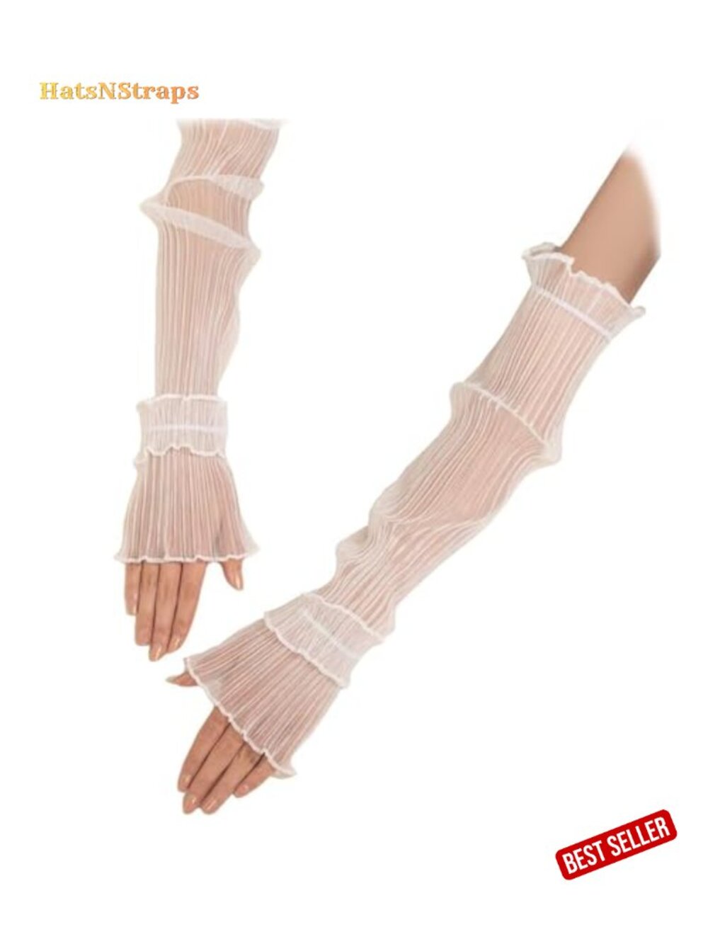 Lace Mesh Ruched Ruffle Hem Arm Sleeves Sun Protection Fingerless